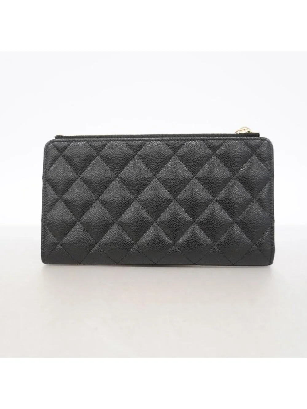 Chanel Wallet Quilted Caviar Leather Black Champagne Gold
